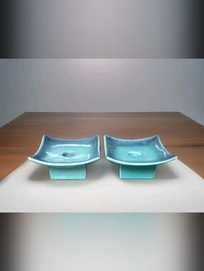 Pair Of Vintage Royal Haeger Pottery Square Candle Holders Blue Drip Glaze R690